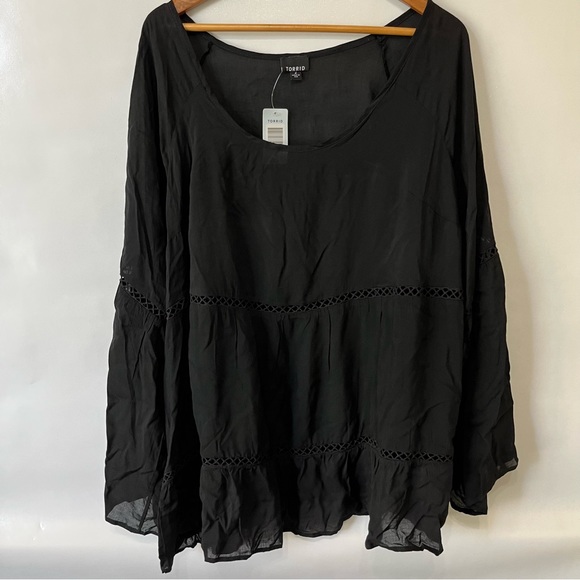 Torrid Black Crochet Trim Bell Sleeve Top NWT - Picture 1 of 9